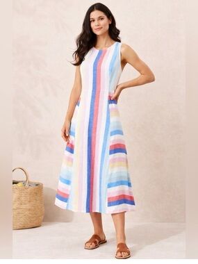 Joules Chrissie Striped Linen Midi Dress Sleeveless Multicolor Size US 12